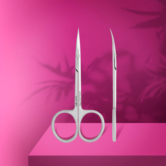 Professional cuticle scissors EXPERT 50 TYPE 3
 use, prepare the skin by softening the cuticle in warm water or a special solution. Gently lift the cuticle with a cuticle pusher. Place the cuticle between the cutting edges of the tool and carefully trim it, avoiding cutting into the living skin. Perform the trimming using the tips of the blades.