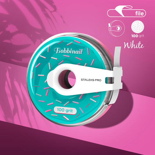 White disposable abrasive tape Expert in a plastic. Stylish plastic case protects the abrasive tape from dirt and damage. Special clip for easy division of the abrasive tape. Abrasive tape length - 7 meters. Straight shape of the nail files.High-quality abrasive Expert White retains its properties for a long time. A special coating prevents the abrasive from clogging with organic dust during the use. The white color of the nail file is aesthetic in work. 