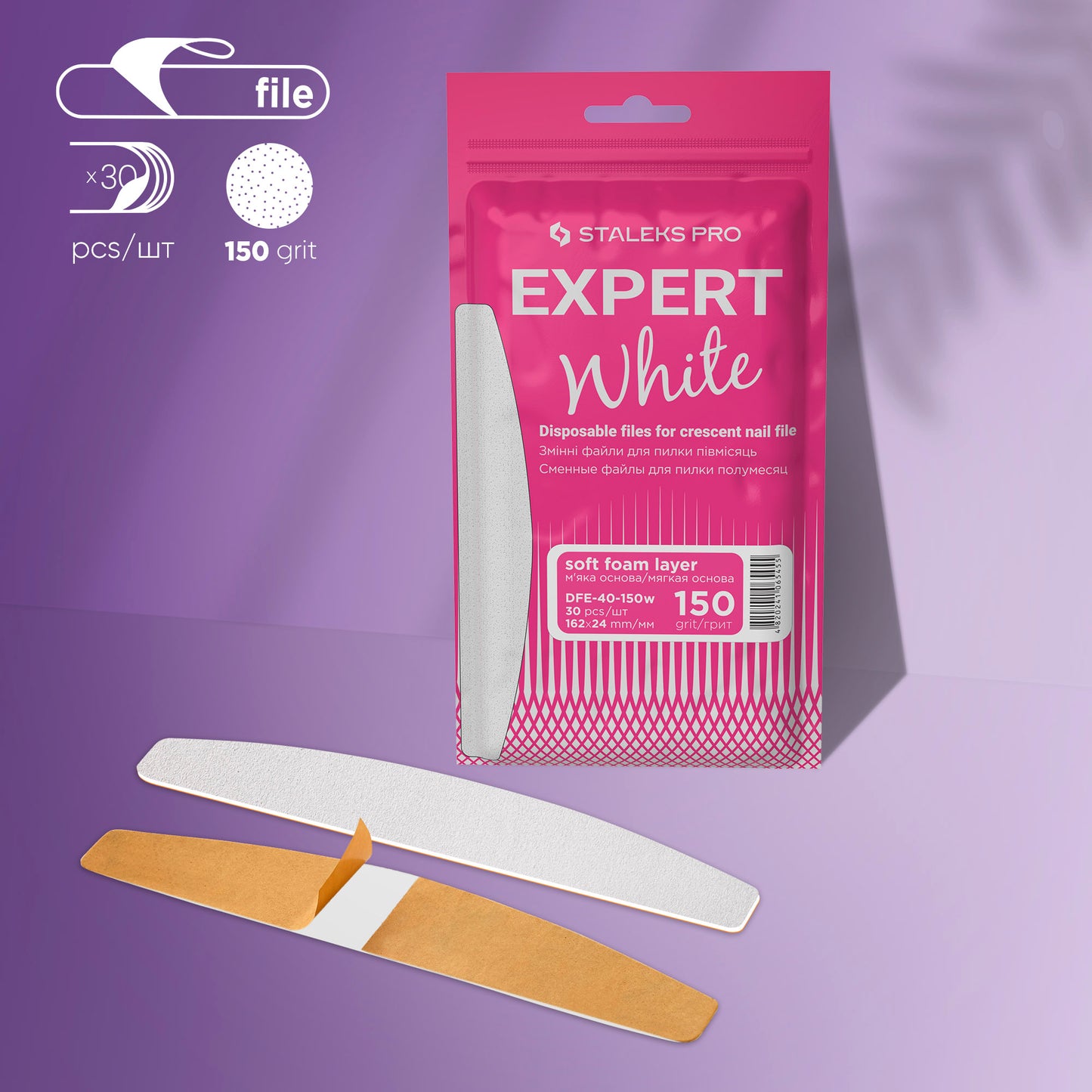 Staleks Disposable white files for crescent nail file on a soft foam layer EXPERT 40 150 grit (30 pcs)