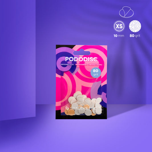 Store in the original manufacturer's packaging in a dry, ventilated place, out of children's reach. Keep at a distance of at least 1 m from heating devices, at a temperature not lower than +5°C and not higher than +25°C, and relative humidity 80%. Avoid mechanical damage, exposure to precipitation, aggressive environment (acids, alkalis, etc.), flammable and combustible substances, and direct sunlight.
Stick the disposable file to the surface of the disc, process the skin of the foot, and remove the file fr